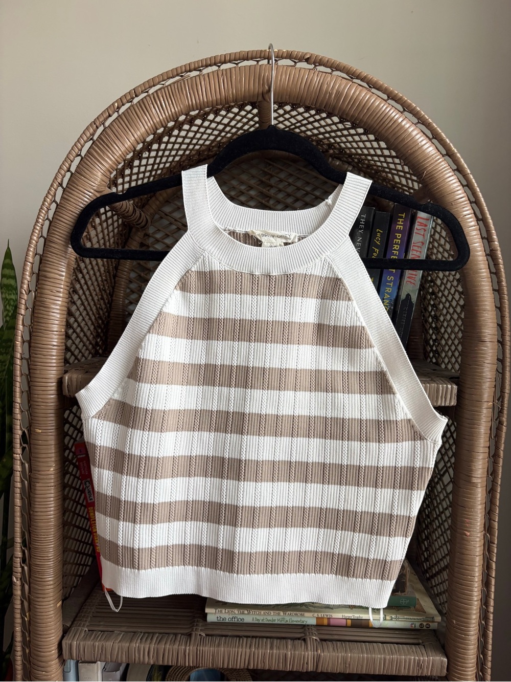 Striped Knit Halter Tank Top - White & Taupe